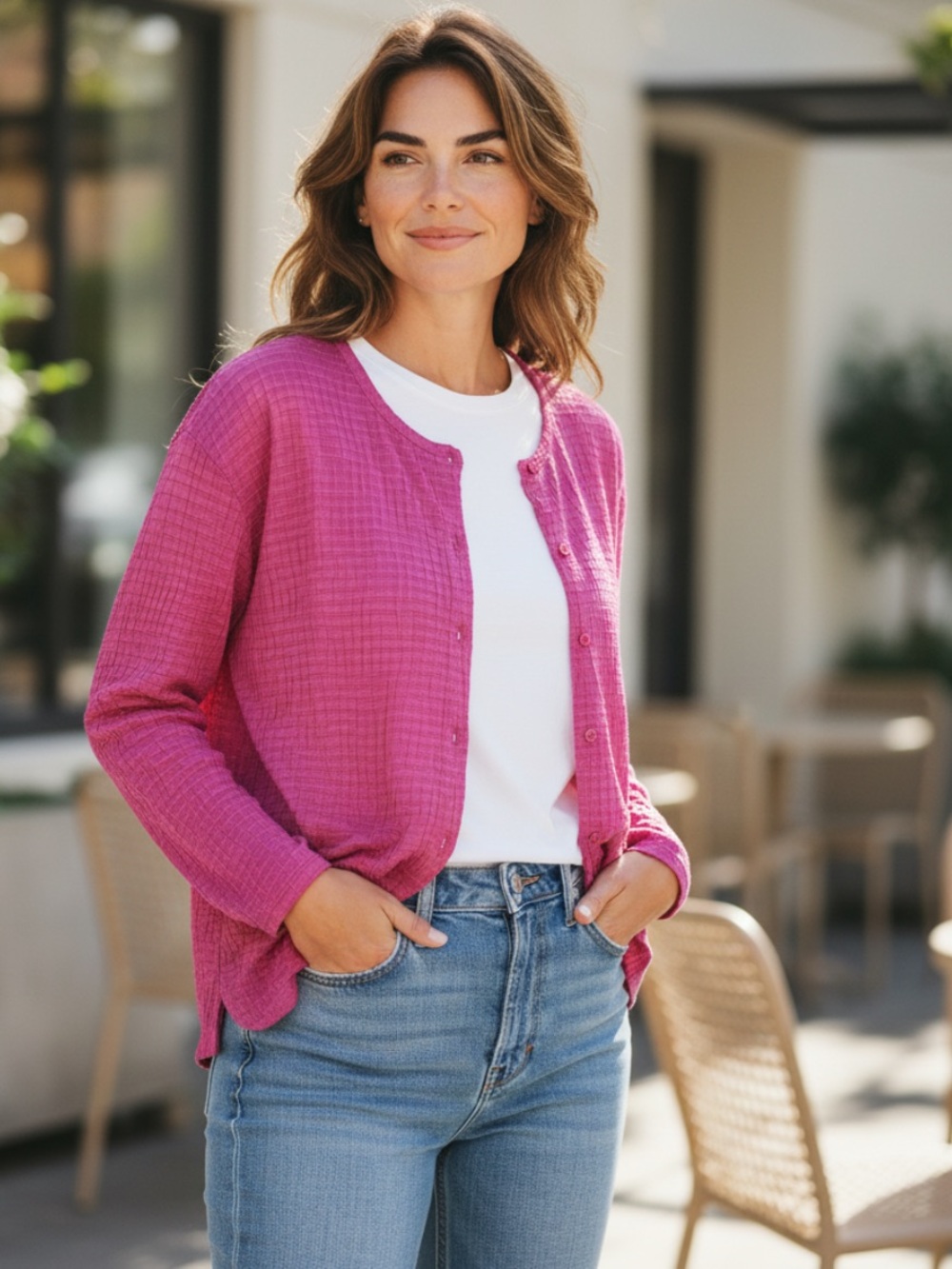 Sigrid Olsen Pink Button-Down Textured Long-Sleeve Top